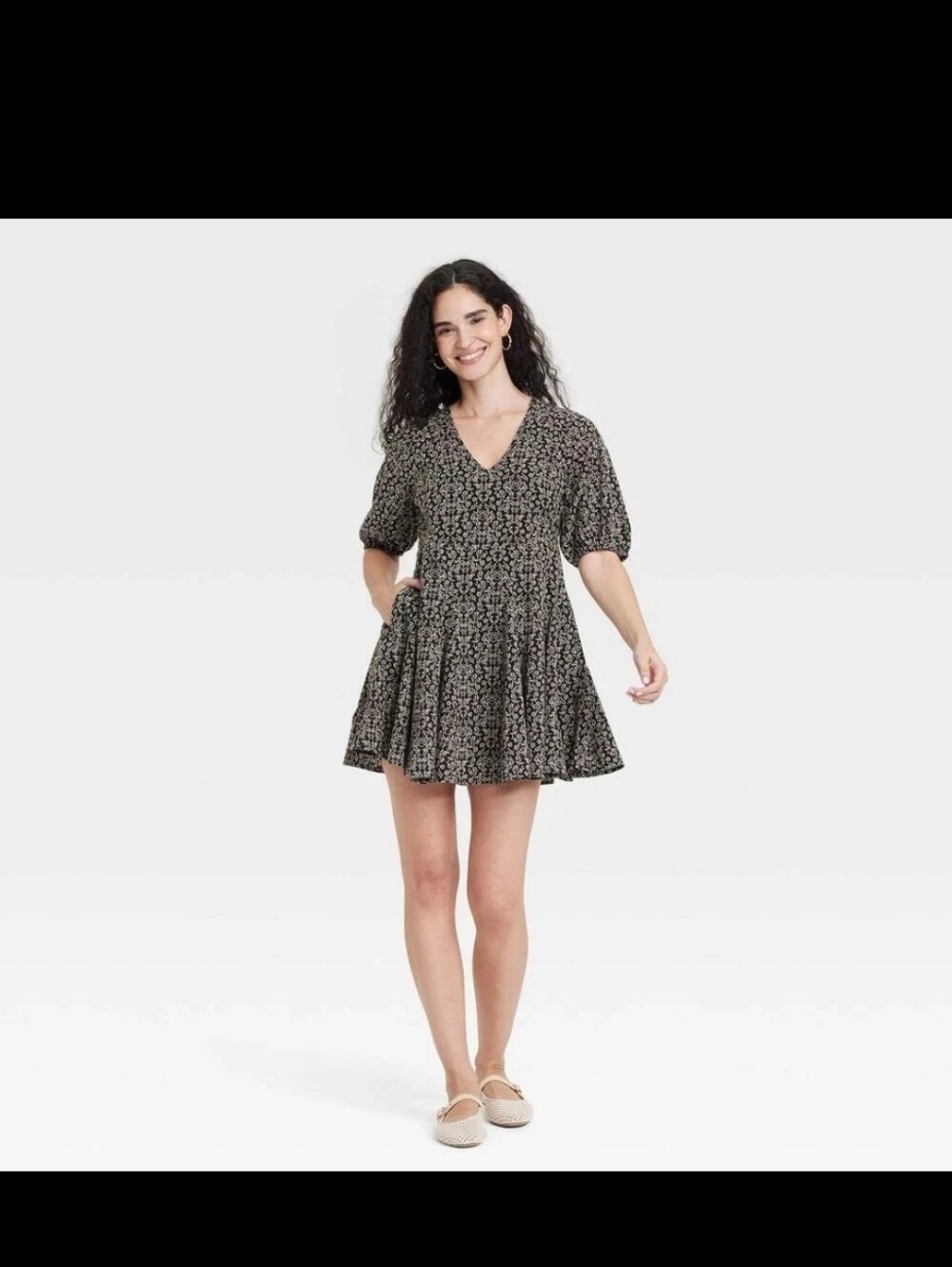 Universal Thread Black Floral V-Neck Puff Sleeve Mini Dress